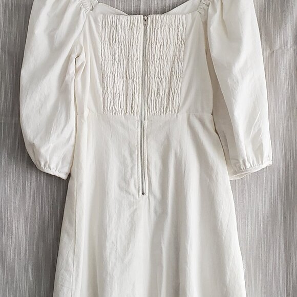 Short Fit & Flared Dress 3/4 Balloon Sleeves Peasant Milk Maid & Smocked Back - Picture 7 of 10